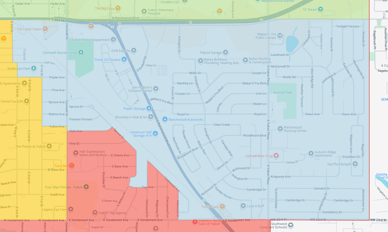 Map showing the boundaries of Ward 1 in the City of Yukon, Oklahoma